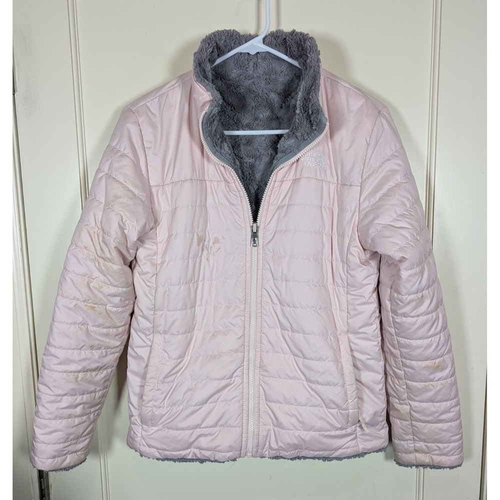 The North Face Girls Reversible Mossbud Swirl Jacket Size XL Gray Pink *FLAW*